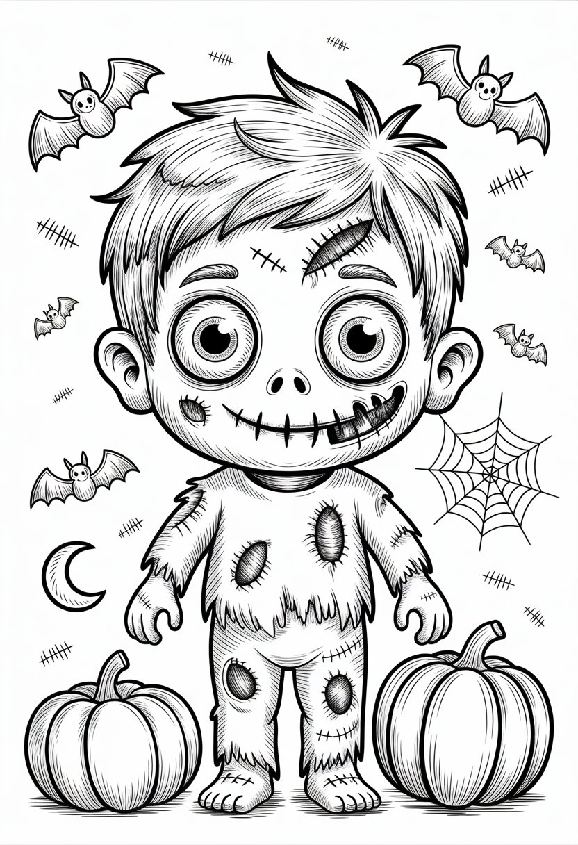 Halloween Coloring Pages Printable Featuring Classic Icons and Spooky Fun for All Ages 19 A cute zombie character surrounded by Halloween elements like pumpkins, bats, spider webs, and a crescent moon.